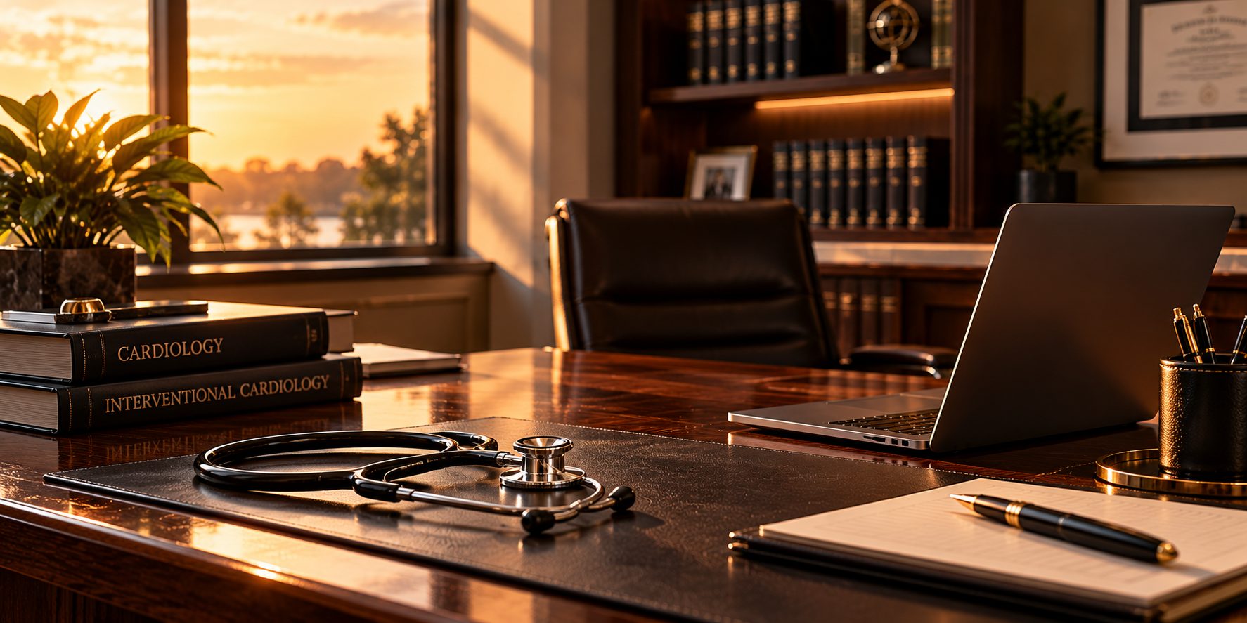 A physician's desk with cardiology textbooks, a stethoscope and a laptop in warm evening light